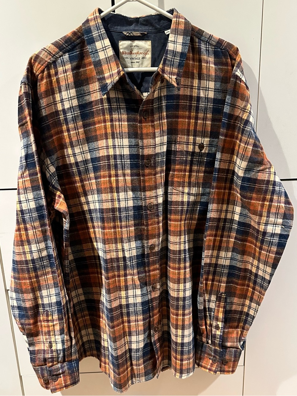 Weatherproof Men's Plaid Button-Down Shirt in Brown, Navy & Cream